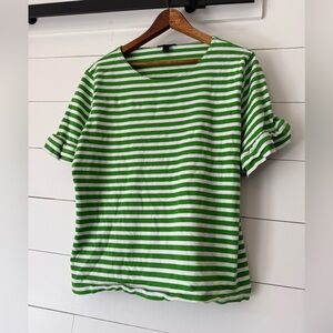 J Crew Green White Striped T Shirt Ruffle Sleeves Women’s Size Large
